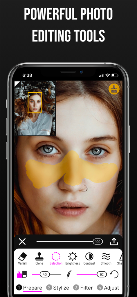Paintation: Famous Art Filters - Interfaz de la aplicación Paintation mostrando herramientas profesionales de retoque fotográfico en uso en un retrato
