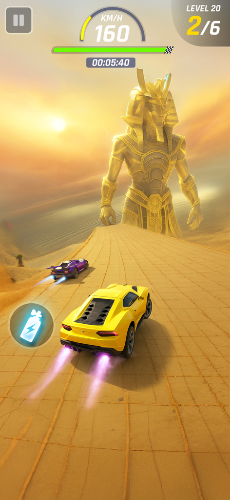 Car Racing 3D: Race Master - Super carro amarelo correndo em uma pista desértica passando por uma estátua dourada gigante de faraó