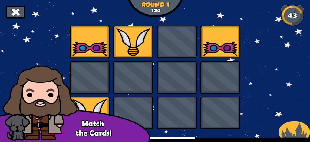HP Wizarding Quiz - Pantalla de un juego de memoria de cartas a juego de Cuestionario de Magos HP con iconos mágicos y un personaje de mago de dibujos animados.