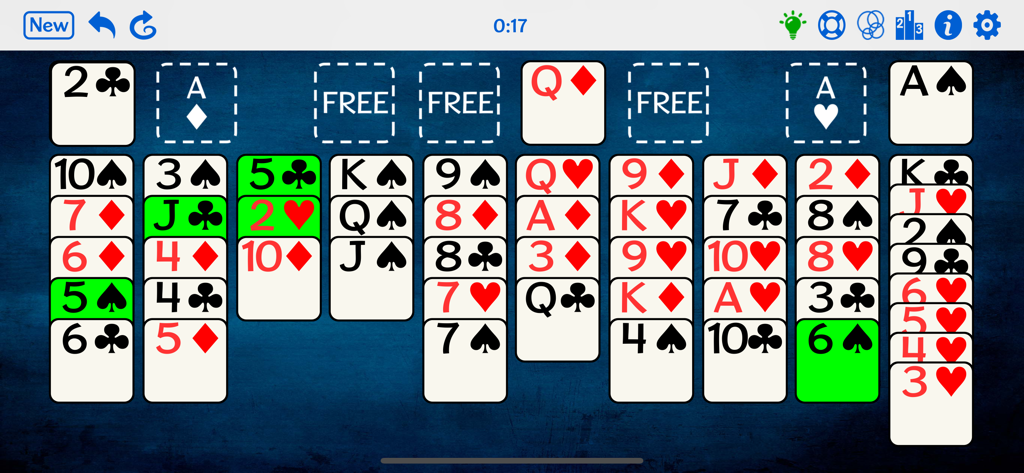 Gameplay screen of Seahaven Towers plus solitaire card game showing various stacks of cards