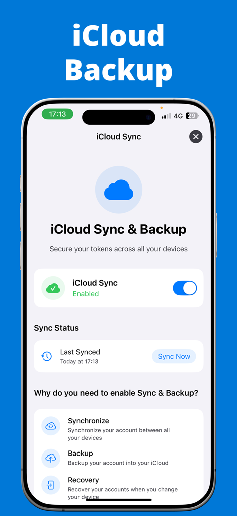 Interface do aplicativo Authy Authenticator mostrando configurações de sincronização e backup do iCloud para tokens 2FA seguros