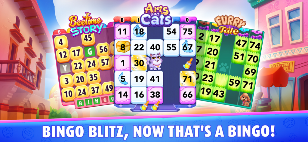 Bingo Blitz™ - BINGO Games - Drei farbenfrohe, themenbezogene Bingo-Karten aus dem Bingo Blitz-Handyspiel, darunter Kunst, Katzen und Märchen.