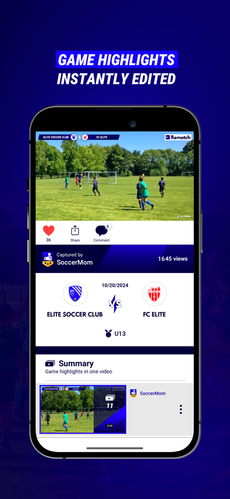 Smartphone mostrando la aplicación Rematch con un momento destacado de fútbol juvenil editado al instante
