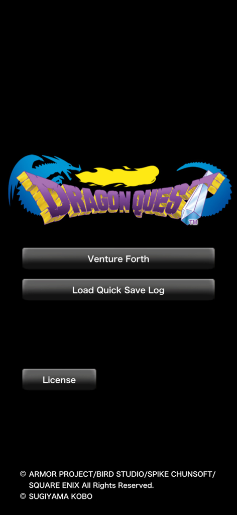 Pantalla de título de Dragon Quest para móvil con el logo del juego y los botones del menú principal