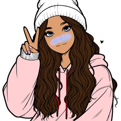 a teenage girl in a beanie, oversized sweatshirt, wavy long hair, and is showing a ✌️