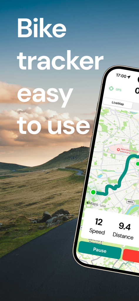 Bike Computer - Cycle Tracker - Interfaz de la aplicación Ciclocomputador mostrando un mapa GPS en vivo y estadísticas de ciclismo que incluyen velocidad y distancia