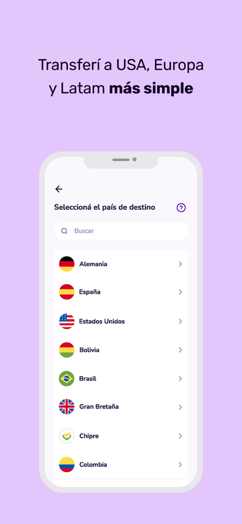 Interface of Prex Argentina app showing a list of countries for international money transfers