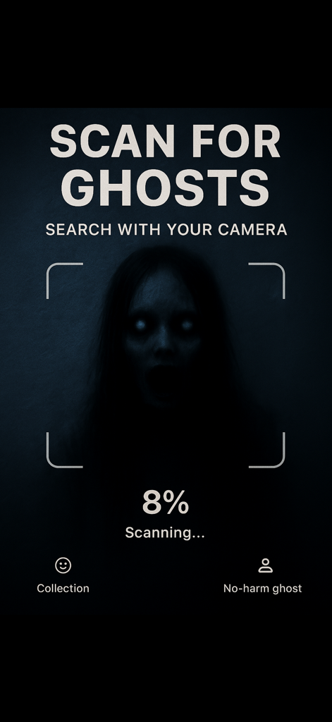Ghost Detector Camera + Rader - Ghost detector app interface showing a camera scan for ghosts with a scary face appearing on screen.