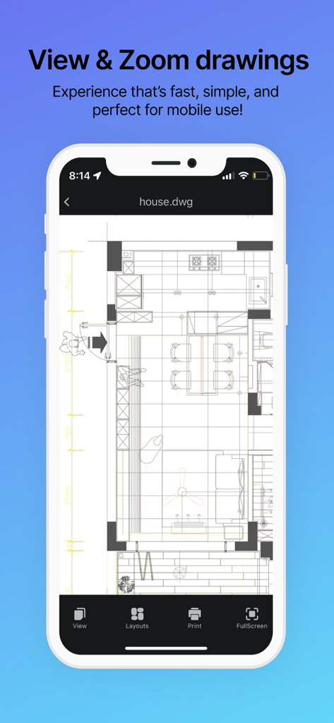 Una pantalla de smartphone mostrando un plano de planta arquitectónico detallado en la aplicación CAD FastView King.