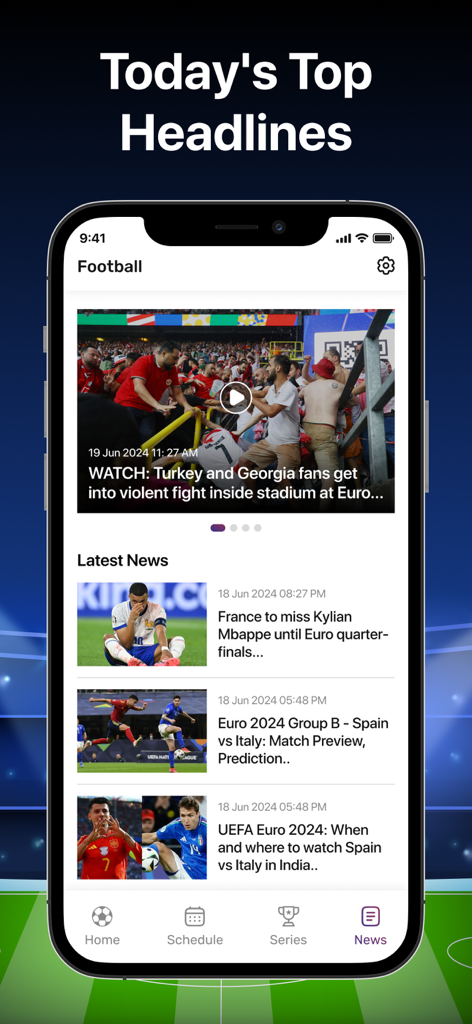 Live Football TV : All Matches - A mobile screen showing latest football news headlines and updates from Euro 2024