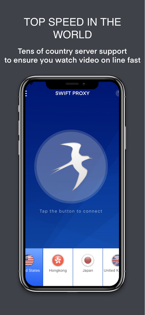 Swift Proxy app interface with one tap connection button and global server locations