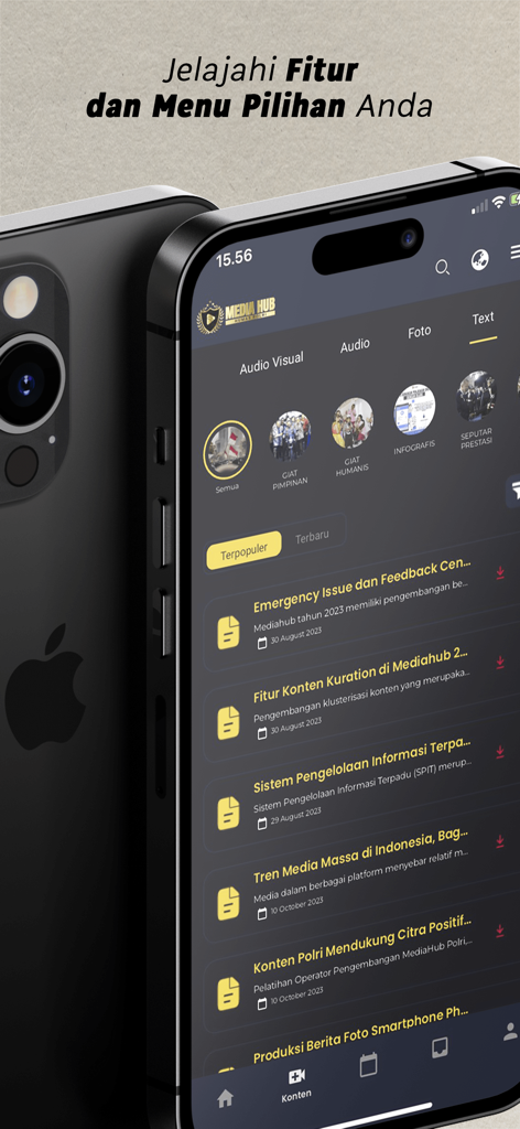 MediaHub Mobile - Smartphone screen showing the MediaHub Mobile app news feed with various content categories and articles.