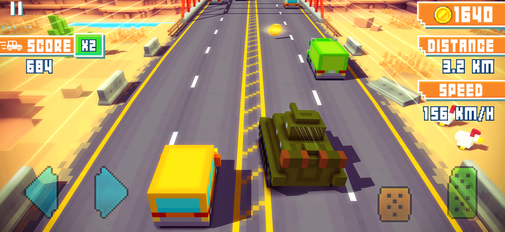 Blocky Highway - Voxel cars and a tank driving on a desert highway in Blocky Highway