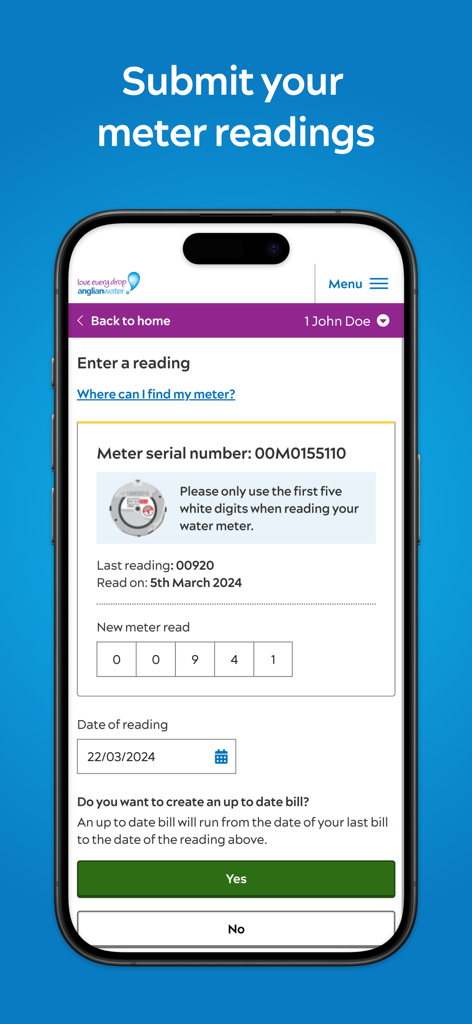 Interface of the Anglian Water MyAccount app showing the form to submit a new water meter reading.