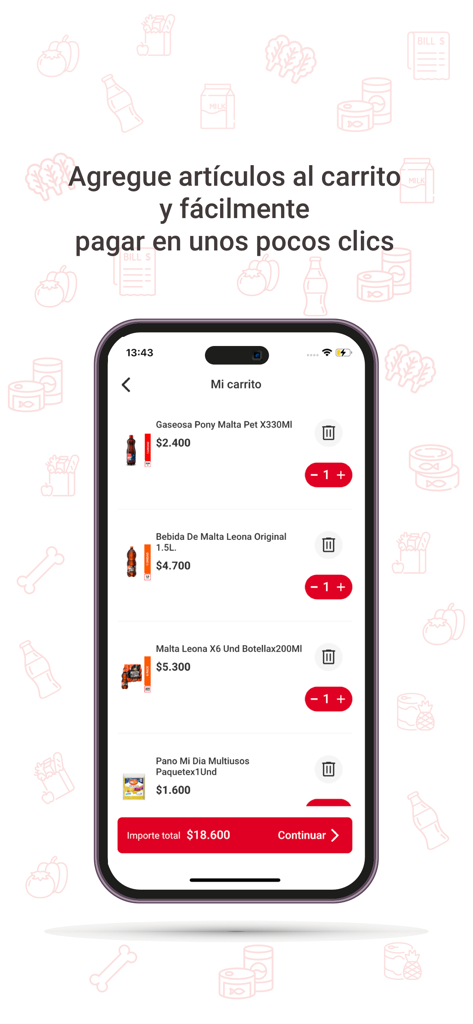 Tela do aplicativo OXXO Domicílios mostrando um carrinho de compras com bebidas e itens domésticos prontos para o checkout.