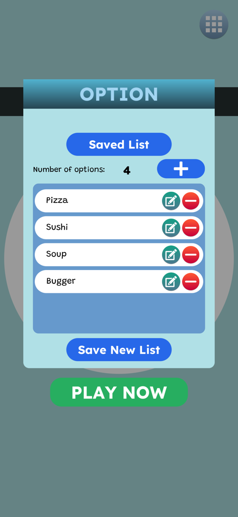 Wheel Maker Random app screen showing a list of food options including pizza and sushi to be used on the spinner