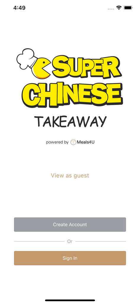 Super Chinese Takeaway - Login screen for the Super Chinese Takeaway app showing sign in and account creation options
