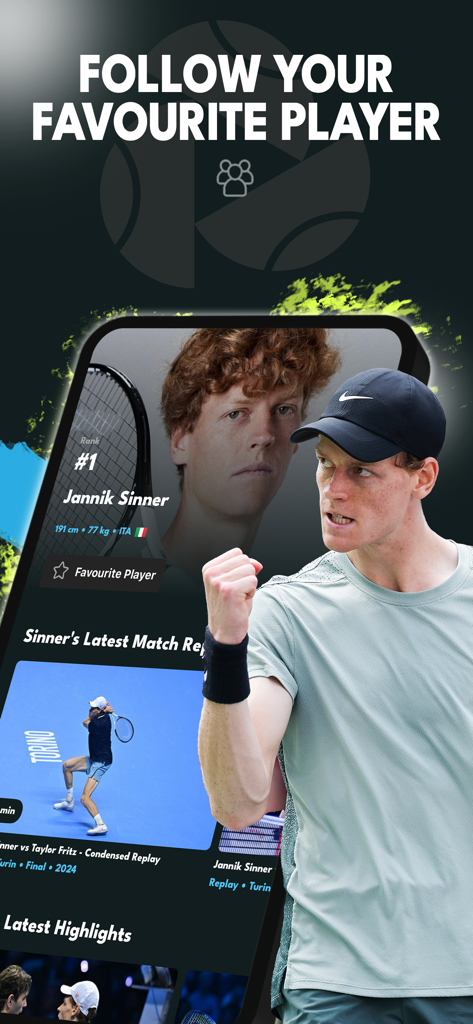 Tennis TV - Live Streaming - Interfaz de la aplicación Tennis TV que muestra el perfil de Jannik Sinner con la opción de seguir a tu jugador favorito