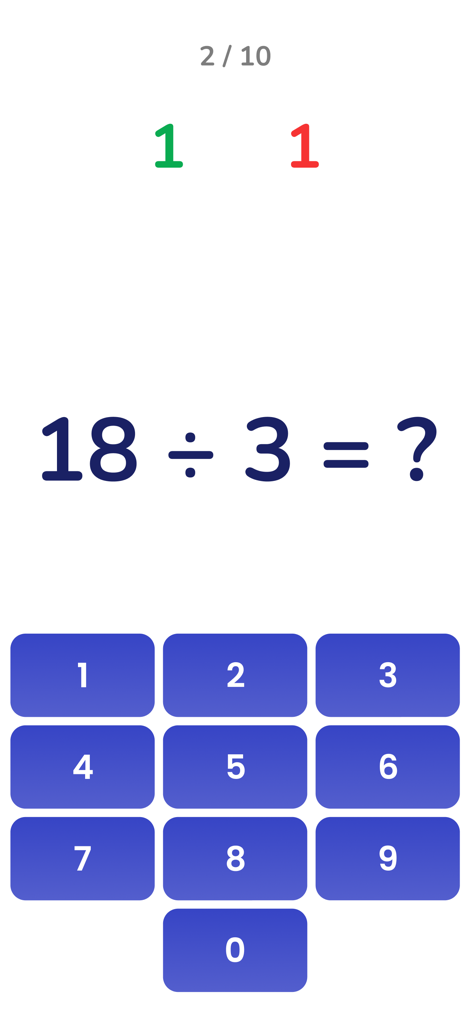 Times Tables: Multiplication - Un'interfaccia del quiz di divisione matematica che mostra diciotto diviso tre con un tastierino numerico.