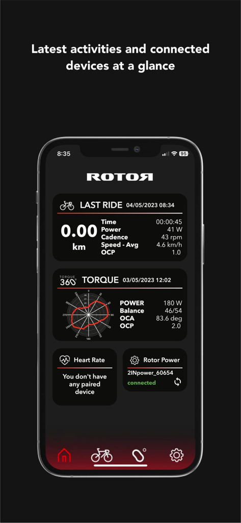 ROTOR Power - ROTOR Power app dashboard showing last ride metrics and torque 360 pedaling analysis