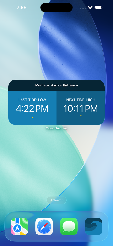 Tides Near Me - Tides Near Me iOS widget on an iPhone home screen displaying tide times for Montauk Harbor Entrance.