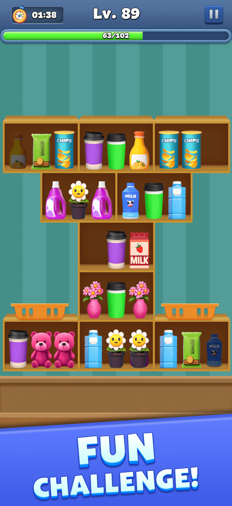 Interface de jeu mobile montrant le niveau 89 de Goods Triple Master avec divers objets 3D sur des étagères à trier