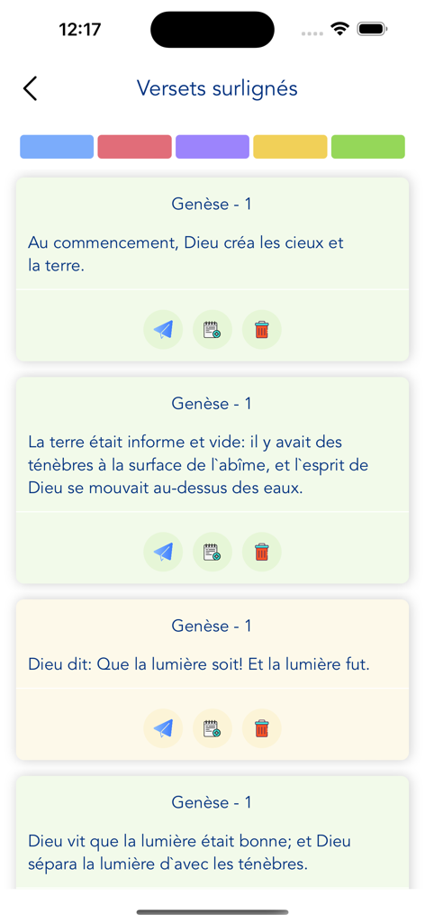 French Bible - Offline - Interfaz de la aplicación Biblia en Francés mostrando una lista de versículos resaltados del Génesis con iconos para compartir y tomar notas.