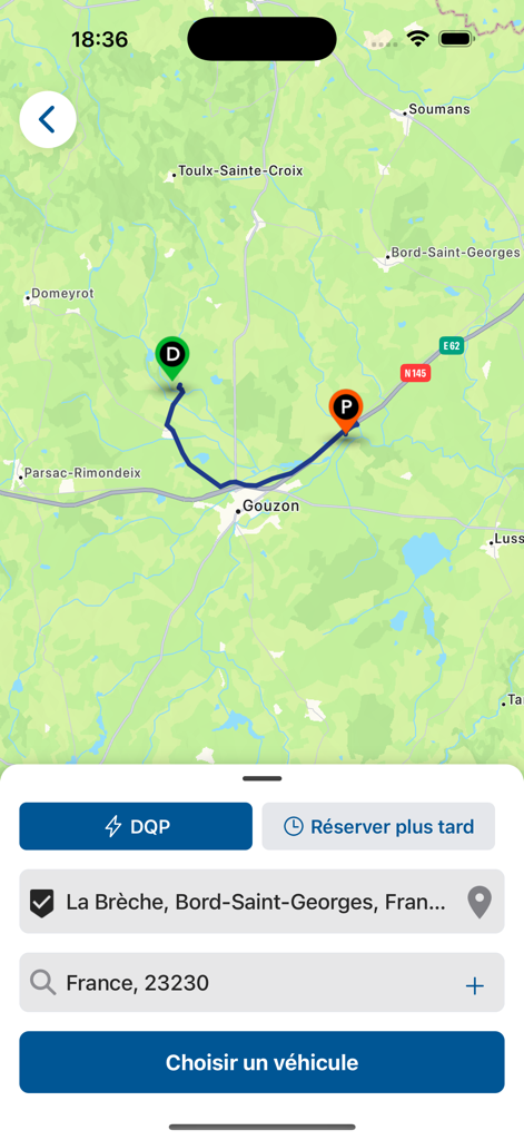 iGO Mobilite - Interfaz de la aplicación iGO Mobilite mostrando una ruta en el mapa con puntos de recogida y entrega y un botón para elegir un vehículo