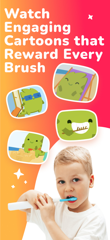 Un jeune enfant se brossant les dents tout en regardant des récompenses de dessins animés colorés de dinosaures depuis l'application Mimizaur