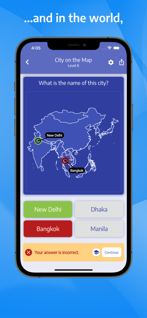 Gameplay der Quiz Geo App, die eine Stadt im Karten-Quiz für Asien zeigt.