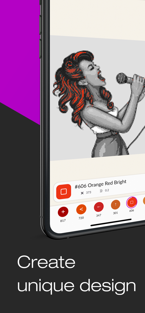 Interfaz de la aplicación Magic Needle que muestra un patrón de punto de cruz de arte de píxeles de una mujer cantando con herramientas de selección de color de hilo