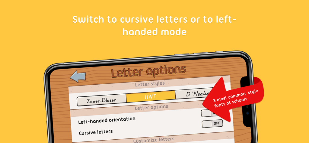 iTrace (handwriting for kids) - iTrace app interface showing font style options like Zaner-Blosser, HWT, and D'Nealian, along with toggles for left-handed orientation and cursive letters.