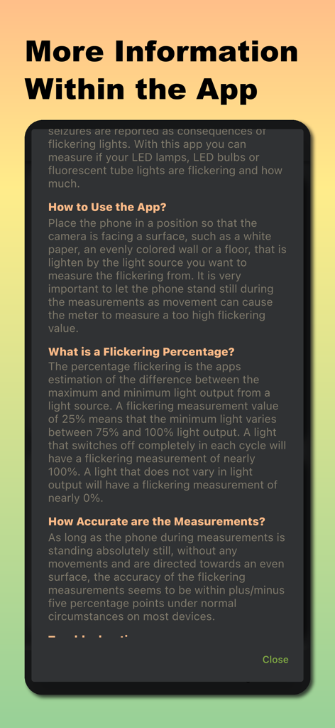 Flicker Meter for Light - PWM - Informationsbildschirm der Flicker Meter App mit Gebrauchsanweisungen und FAQ zum Lichtflimmerprozentsatz und zur Genauigkeit
