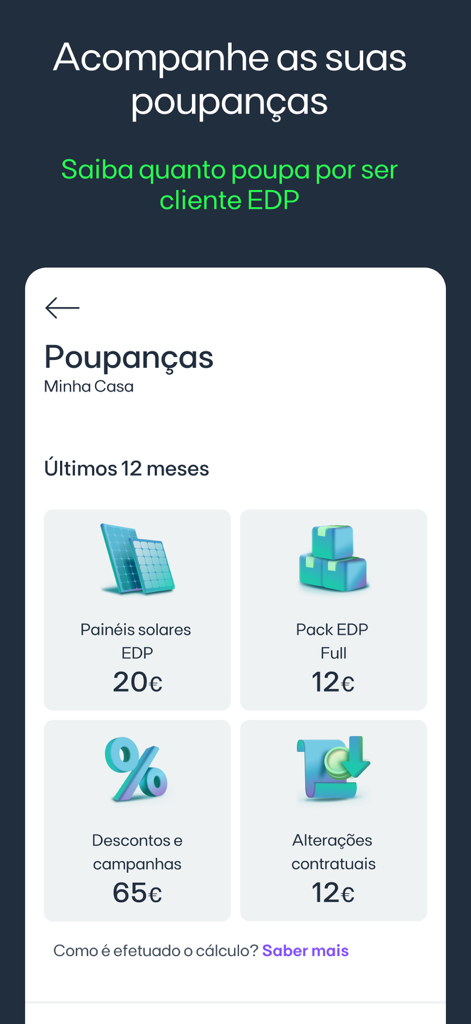 Dashboard dell'app EDP che mostra i risparmi energetici domestici derivanti da pannelli solari e pacchetti di servizi