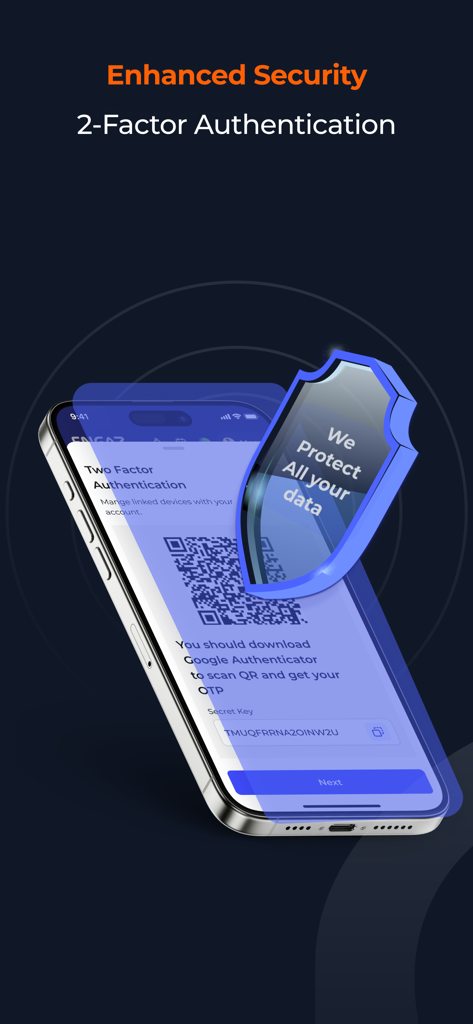 Écran de configuration de l'authentification à deux facteurs dans l'application Engaz CRM avec une icône de bouclier protecteur