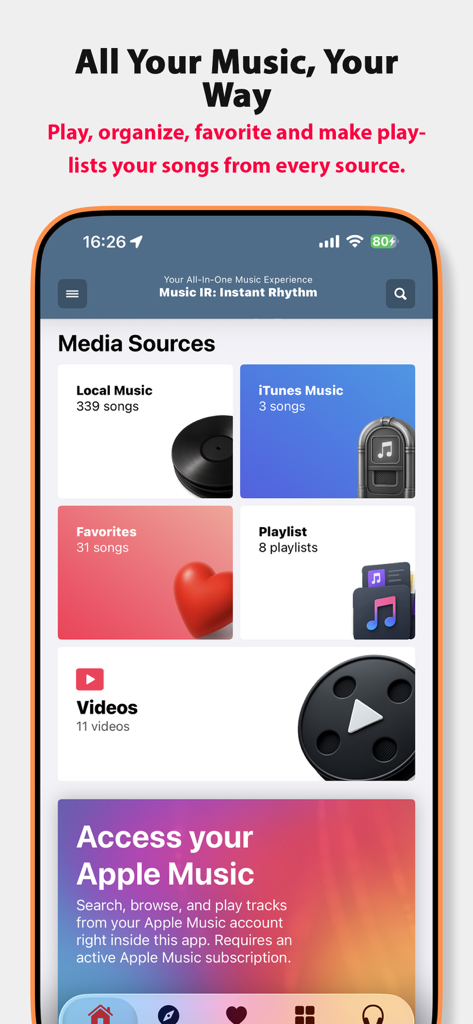 Music IR app interface showing media sources including local music, iTunes library, favorites, and playlists
