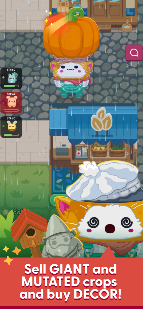 A cute blobling avatar carrying a giant pumpkin in a rainy garden next to a shop