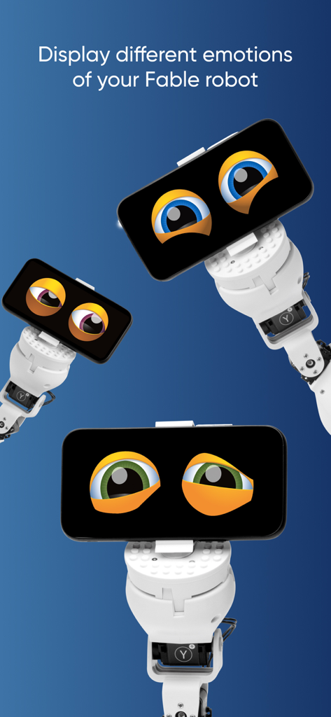 Aplicativo Fable Face mostrando olhos expressivos e emoções em smartphones montados em braços robóticos