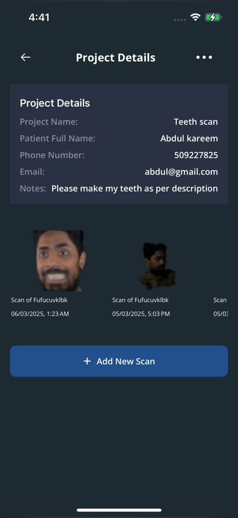 Ansicht der Projektdetails in ViewScan mit Patienteninformationen und erfassten 3D-Gesichtsscans.