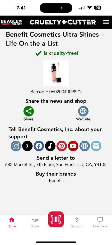 Cruelty Cutter - Cruelty Cutter app screen showing a cruelty free product result for a Benefit Cosmetics lip gloss