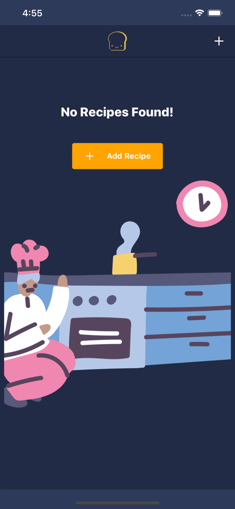 Baker Buddy - Empty recipe screen in Baker Buddy app showing an Add Recipe button and a baker illustration.
