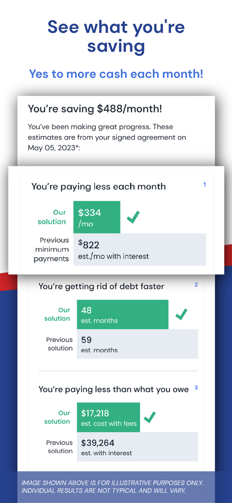 Freedom Debt Relief - A mobile dashboard showing monthly savings and debt reduction progress comparing current and previous payments