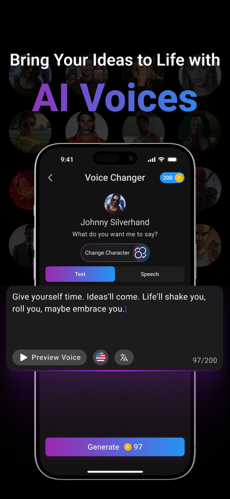 AIVoicer app interface showing text to speech conversion using a character voice named Johnny Silverhand.