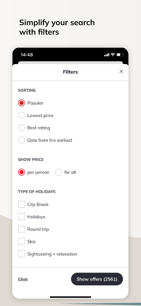 Interface of the Itaka travel app showing search filters for sorting holiday types and price display preferences