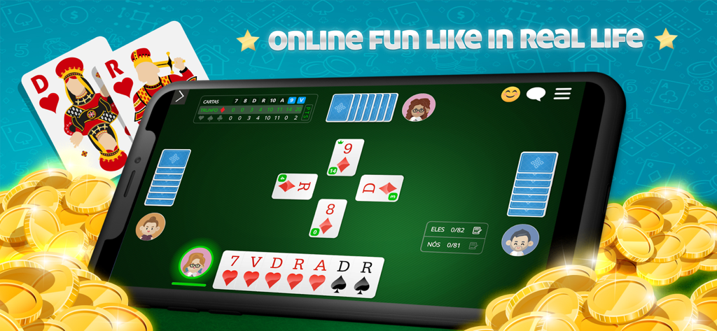 Un smartphone affichant l'interface du jeu de cartes Belote avec des joueurs et des cartes sur une table verte.