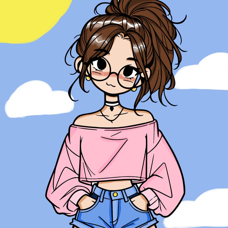 girl with a messy ponytail glasses a baggy crop top and jean shorts