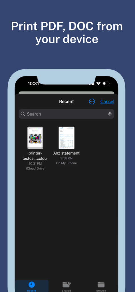 iPrintアプリのインターフェース。印刷選択のために最近アクセスしたPDFおよびDOCファイルが表示されています。