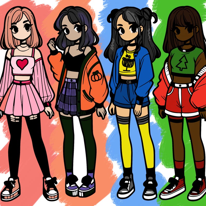 one girl with crop-top shirt and a jacket with a skirt, long socks and another girl with a shirt and pants with a jacket