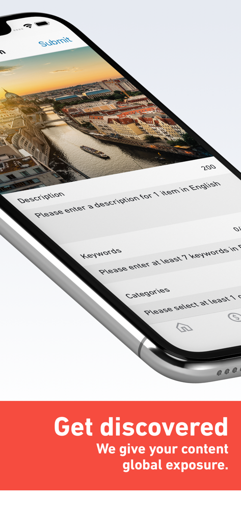 Interfaccia dell'app Shutterstock Contributor che mostra una schermata di invio immagine con campi per descrizione e parole chiave