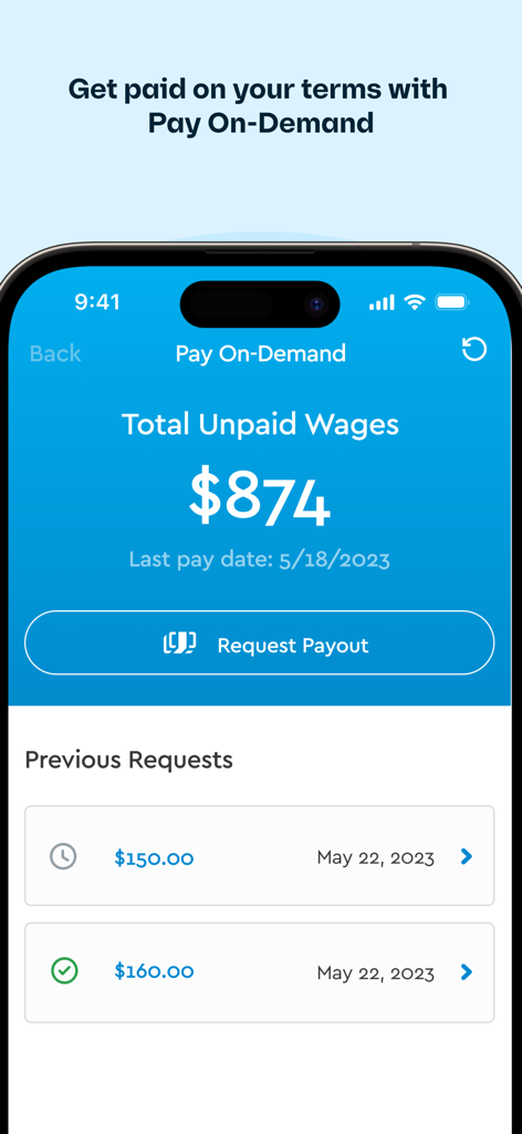 Fingercheck Mobile app Pay On-Demand screen showing unpaid wages and request payout option.